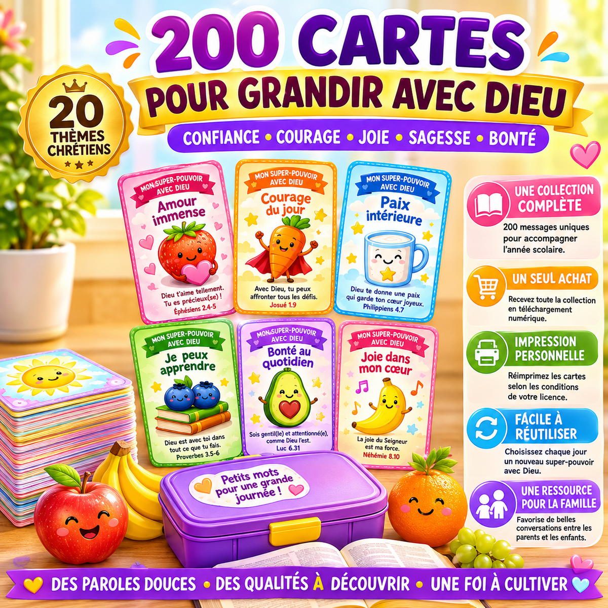 Mes Super-Pouvoirs avec Dieu 200 cartes chrétiennes d'encouragement pour la boîte à lunch PDF imprimable • Pour les enfants de 6 à 11 ans