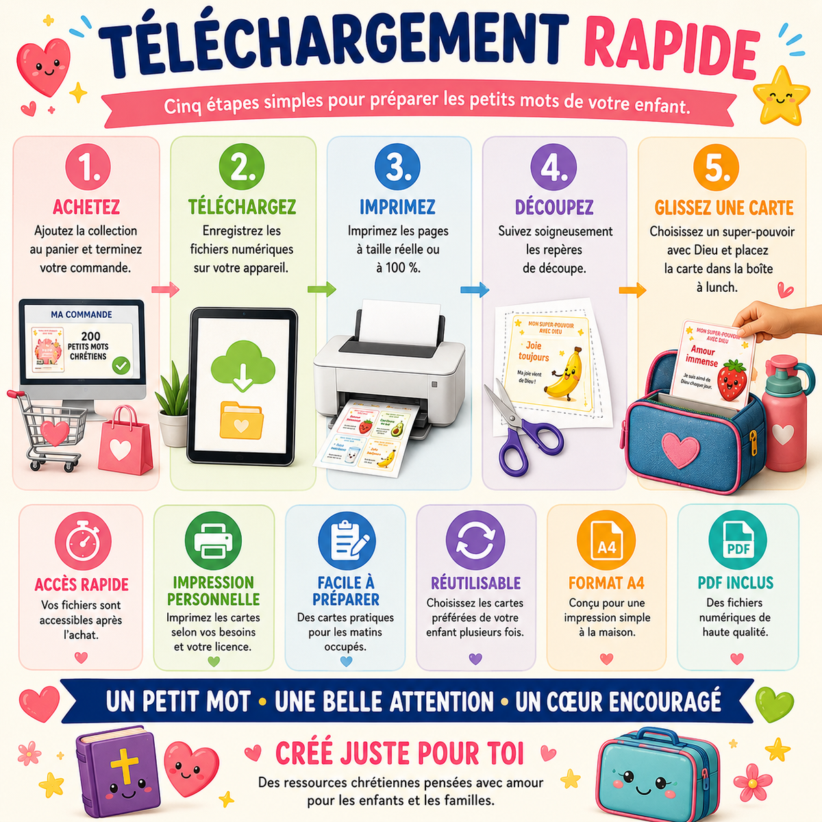 Mes Super-Pouvoirs avec Dieu 200 cartes chrétiennes d'encouragement pour la boîte à lunch PDF imprimable • Pour les enfants de 6 à 11 ans