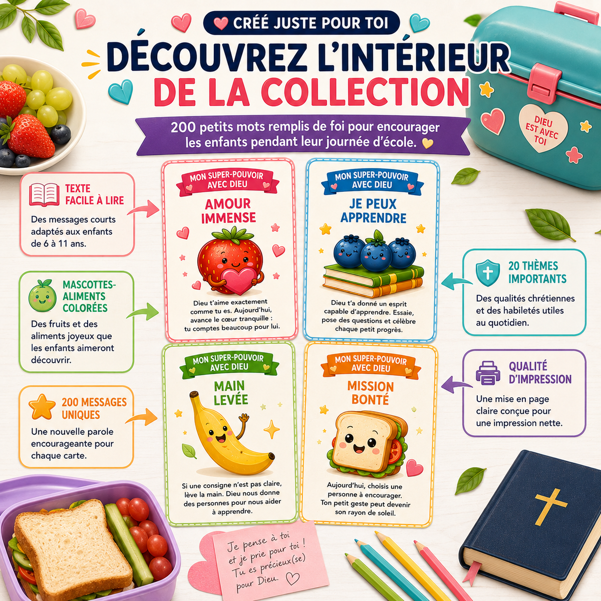 Mes Super-Pouvoirs avec Dieu 200 cartes chrétiennes d'encouragement pour la boîte à lunch PDF imprimable • Pour les enfants de 6 à 11 ans