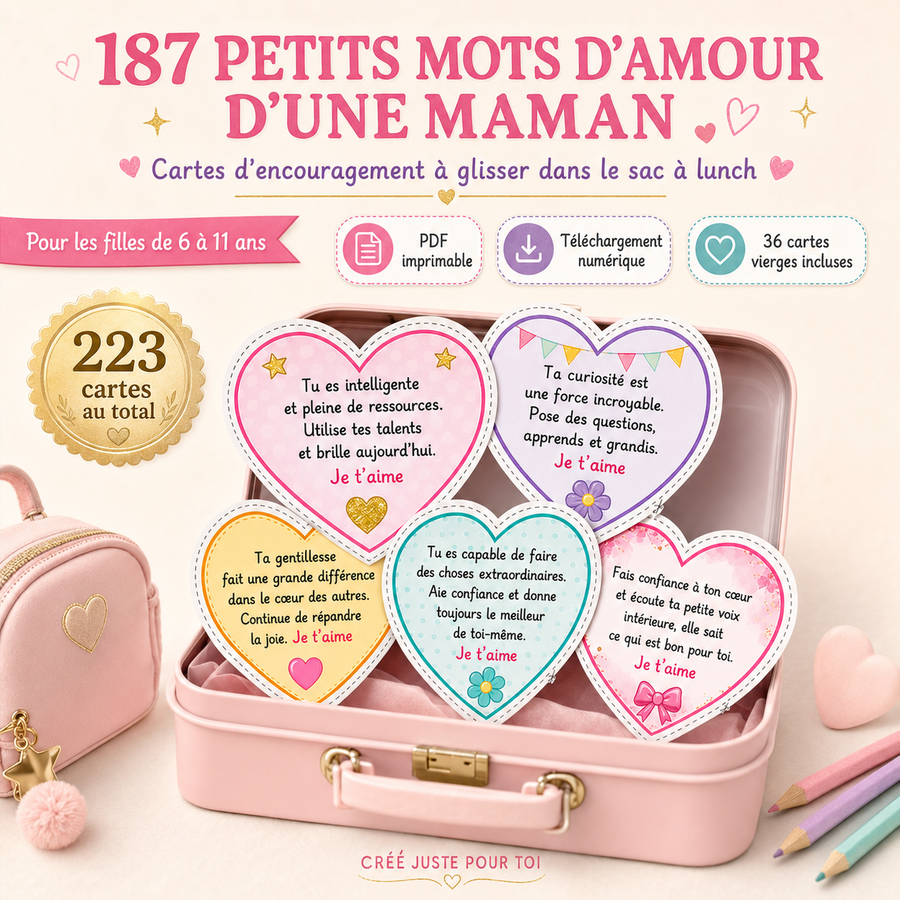 187 petits mots d’amour d’une maman – Cartes d’encouragement pour boîte à lunch | PDF imprimable pour filles de 6 à 11 ans