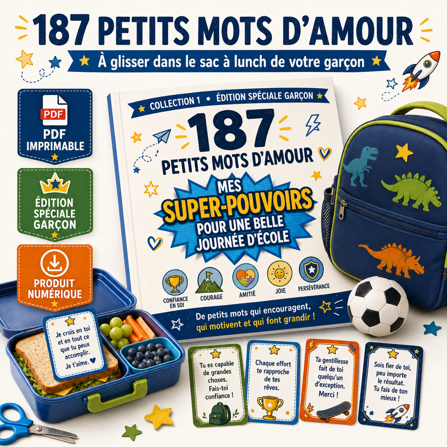 187 cartes des Petits mots de maman pour garçon à imprimer  pour la boîte à lunch – Confiance, école, émotions et foi – PDF français