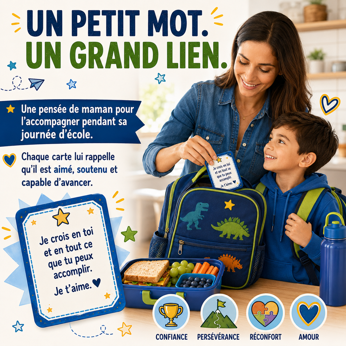 187 cartes des Petits mots de maman pour garçon à imprimer  pour la boîte à lunch – Confiance, école, émotions et foi – PDF français