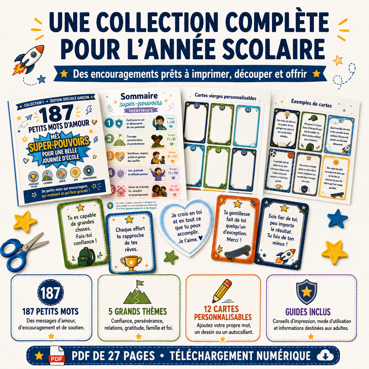 187 cartes des Petits mots de maman pour garçon à imprimer  pour la boîte à lunch – Confiance, école, émotions et foi – PDF français