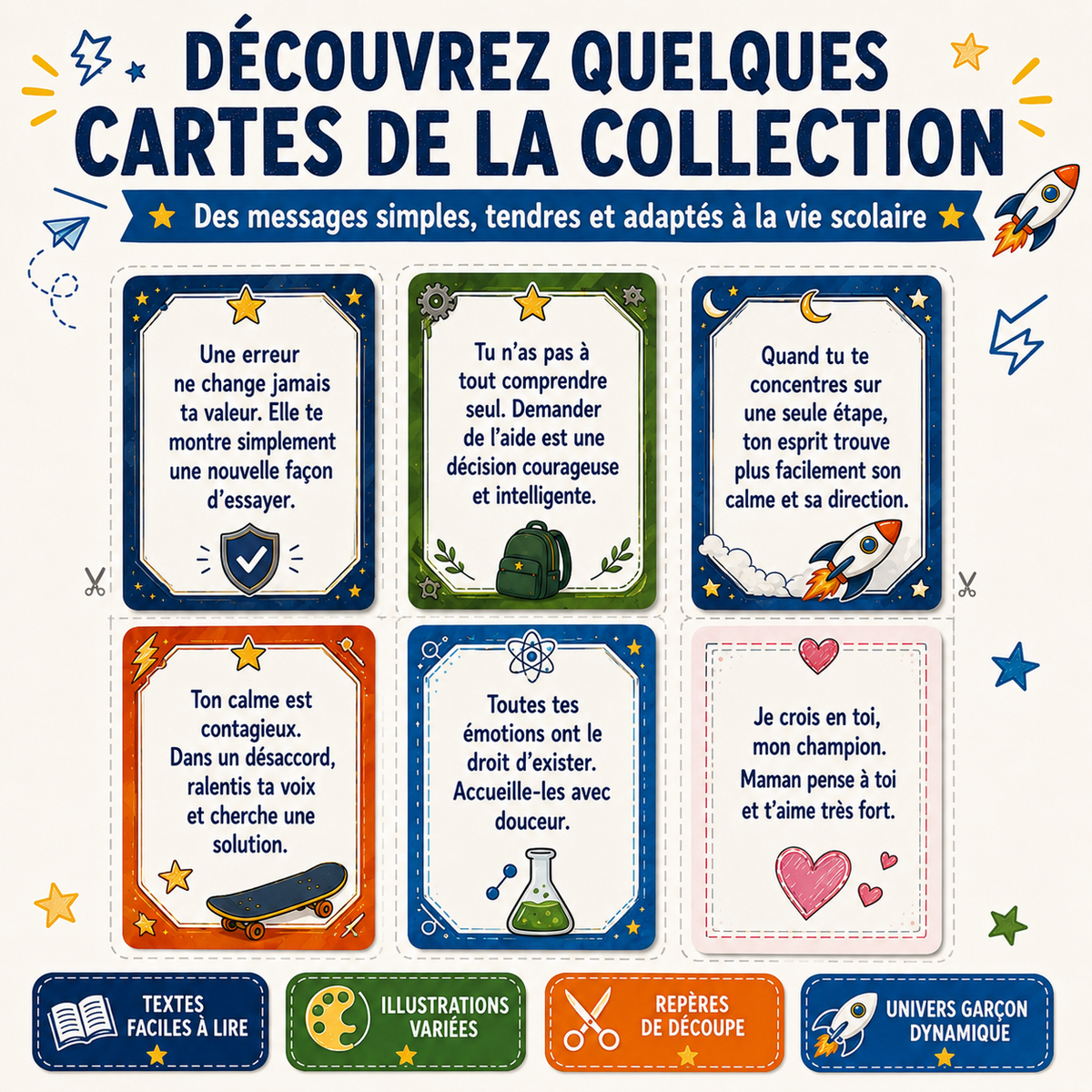 187 cartes des Petits mots de maman pour garçon à imprimer  pour la boîte à lunch – Confiance, école, émotions et foi – PDF français