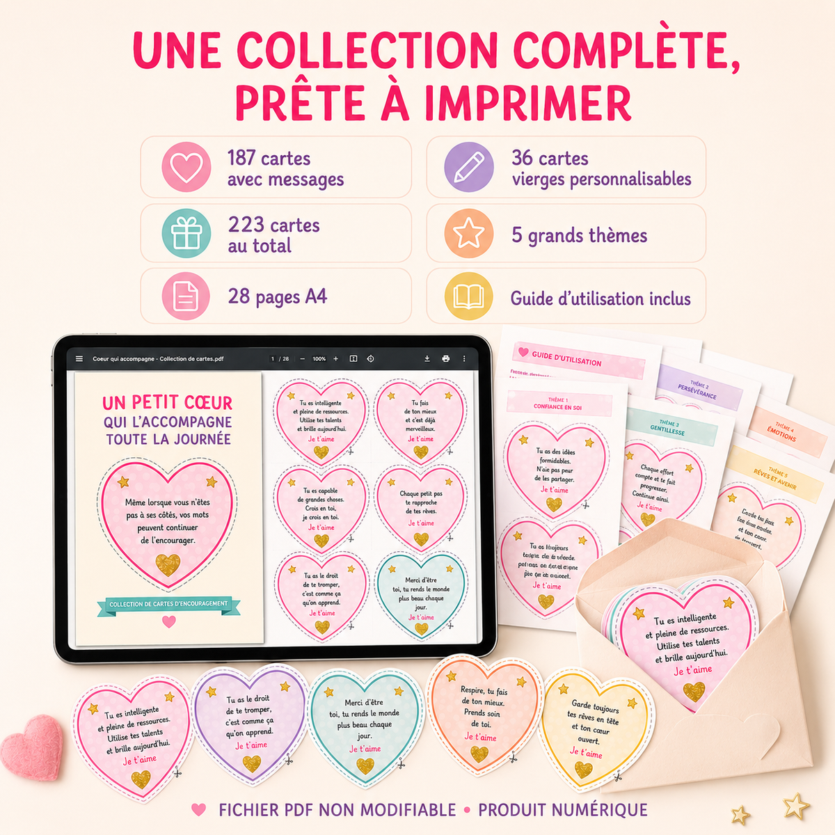 187 petits mots d’amour d’une maman – Cartes d’encouragement pour boîte à lunch | PDF imprimable pour filles de 6 à 11 ans
