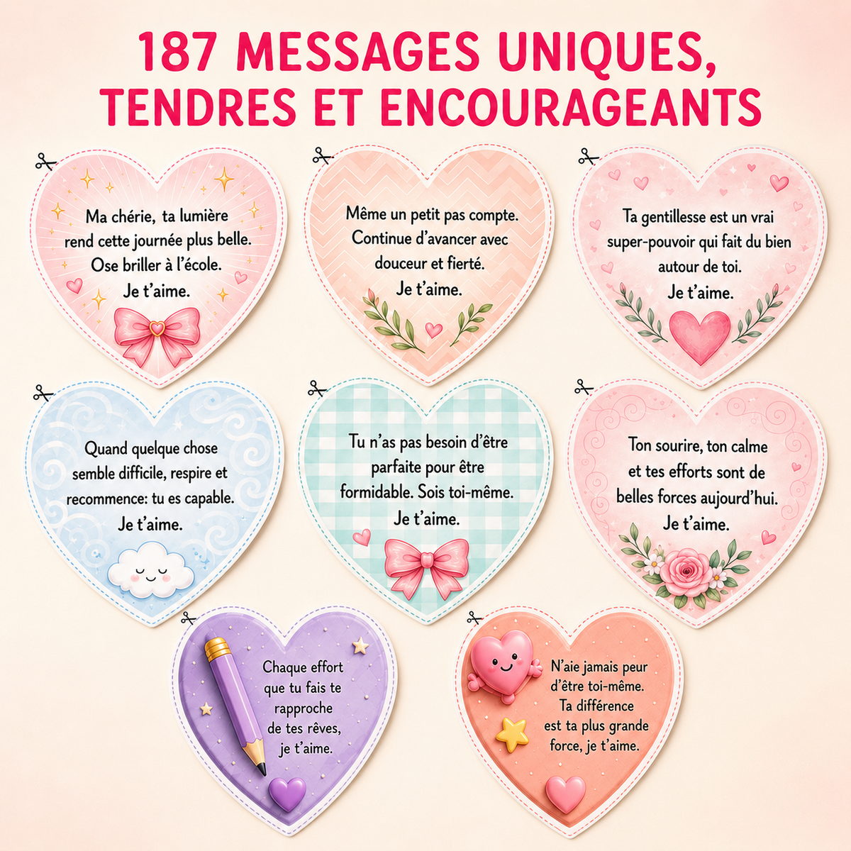 187 petits mots d’amour d’une maman – Cartes d’encouragement pour boîte à lunch | PDF imprimable pour filles de 6 à 11 ans