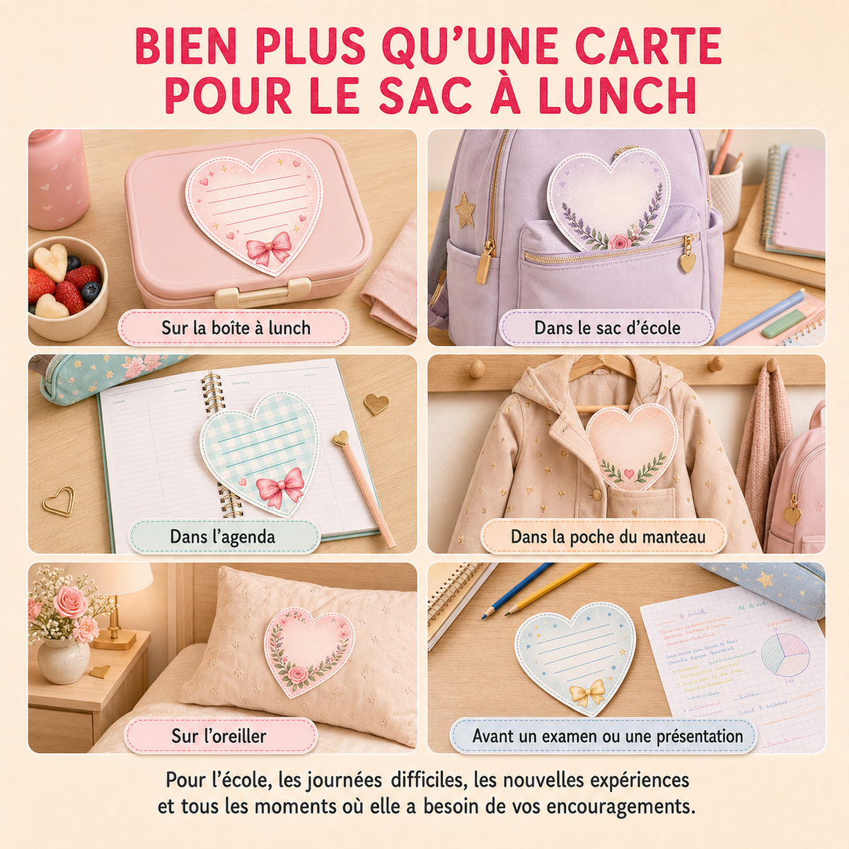 187 petits mots d’amour d’une maman – Cartes d’encouragement pour boîte à lunch | PDF imprimable pour filles de 6 à 11 ans