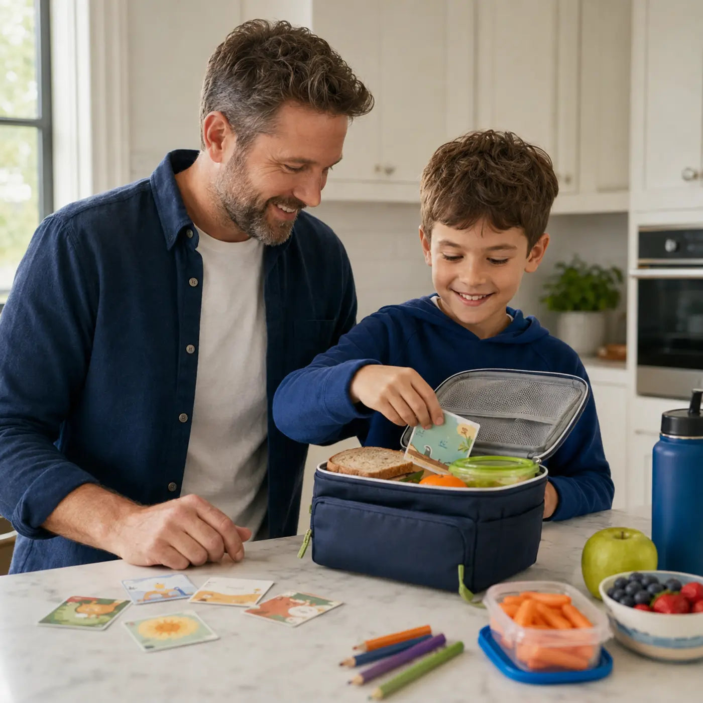 Un parent et son enfant préparent une boîte à lunch